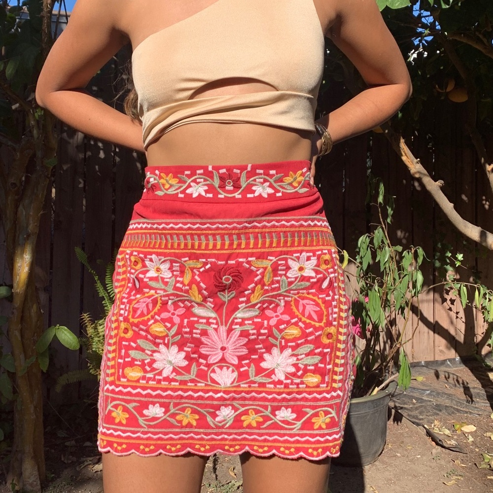 Red floral print skirt